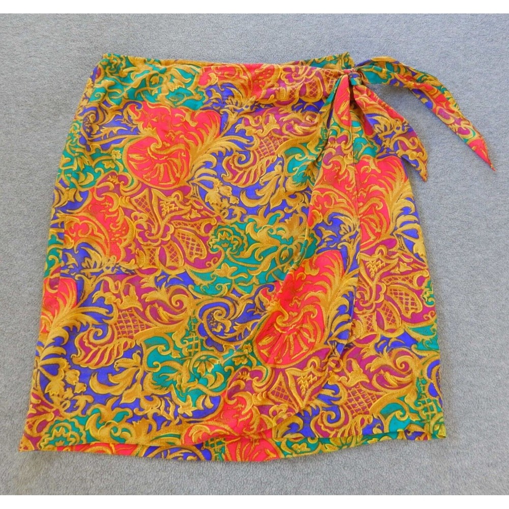 Vintage Casual Corner Skirt 12 W30 100%Silk Colorful Flowy Swing Wrap Tie